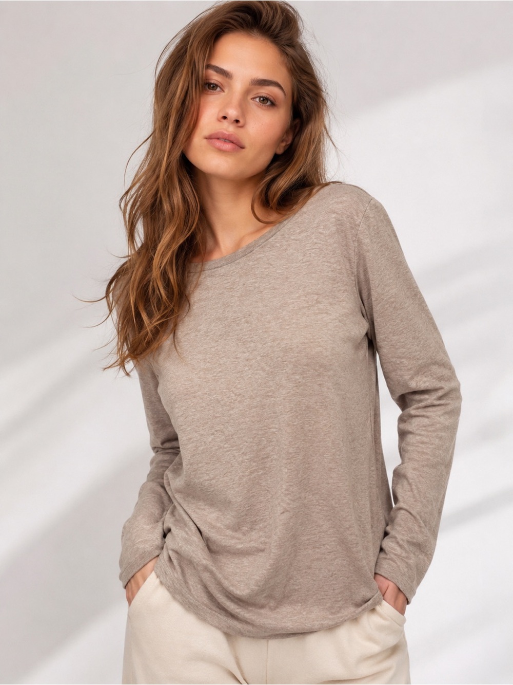 Zara Long Sleeve Crewneck Top in Taupe